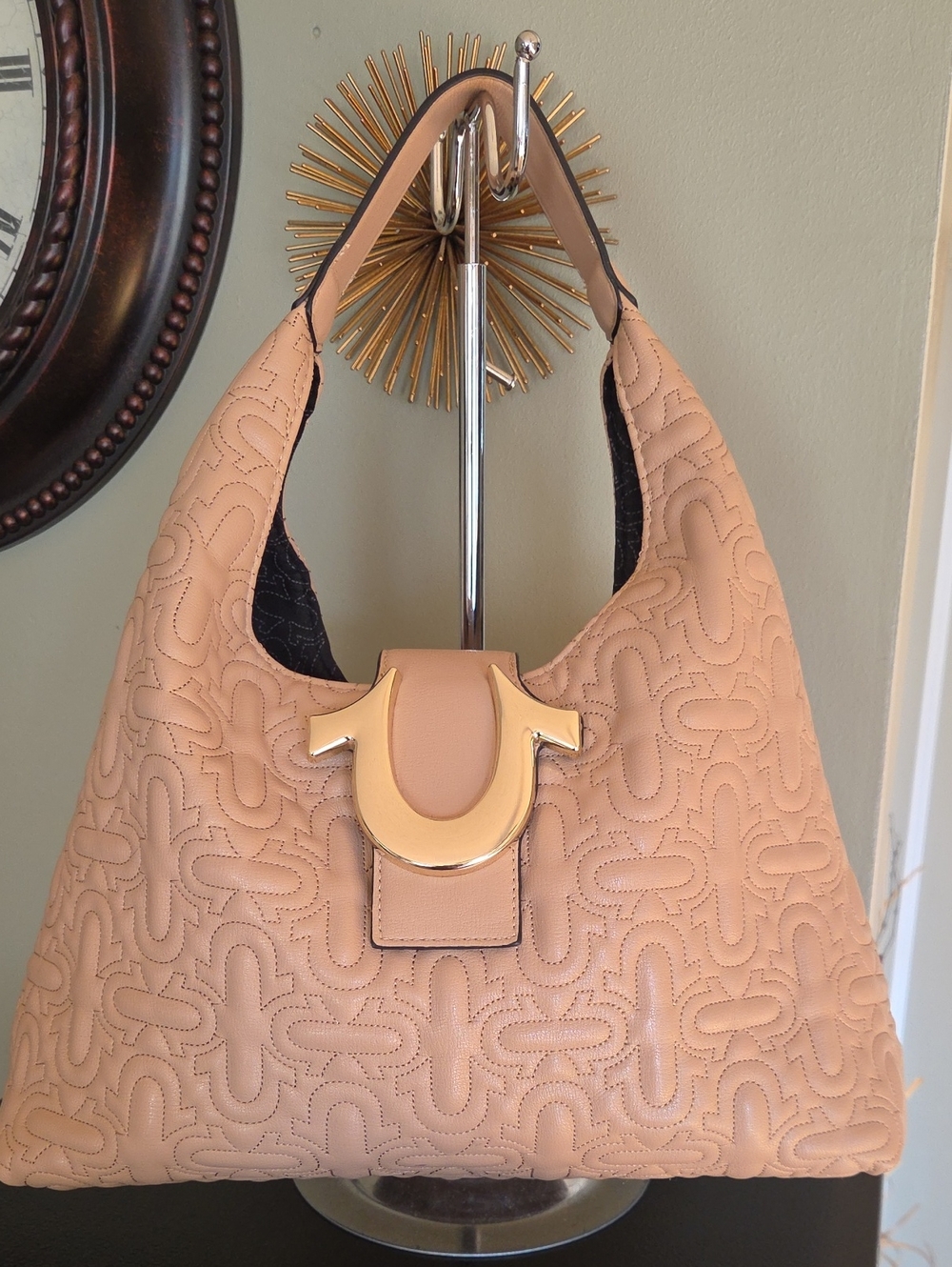 True Religion Quilted Horseshoe Medium Hobo Bag with Gold Hardware